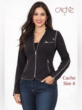 Cache Black Zip Detail Jacket Blazer Size 8 Edgy Moto Style designer chic